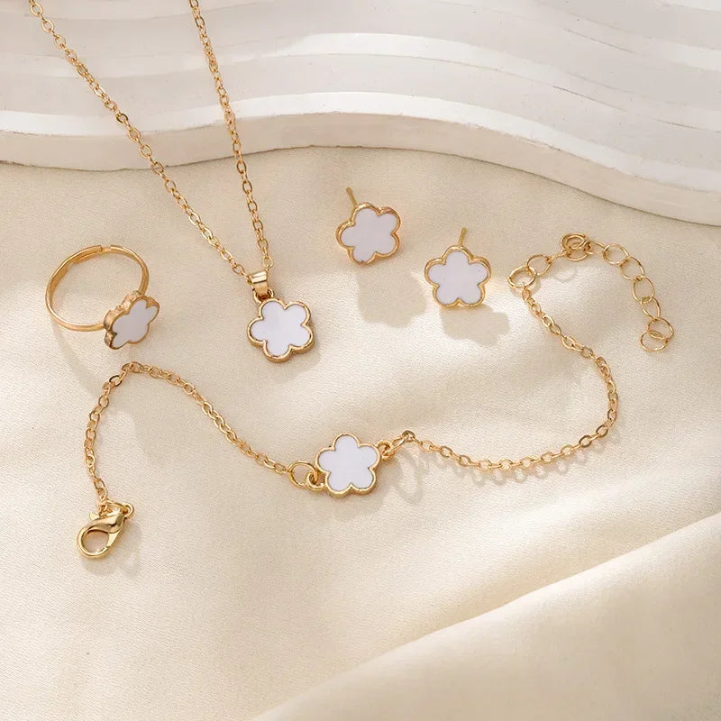 Jewelry for Woman Lucky Five-petal Flower Clover Earrings Necklace Ring Bracelet Accessories Party