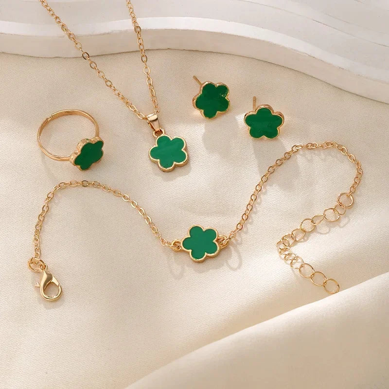 Jewelry for Woman Lucky Five-petal Flower Clover Earrings Necklace Ring Bracelet Accessories Party